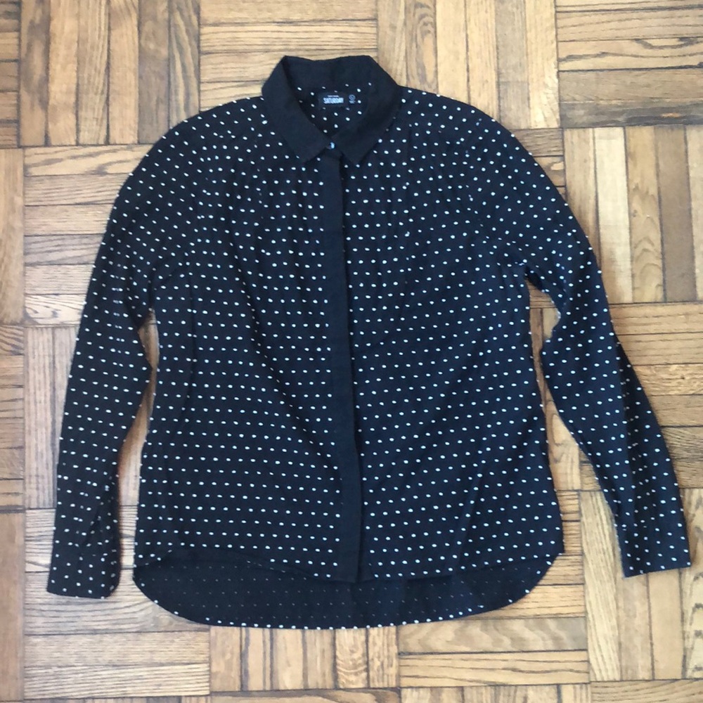 Kate Spade Saturday Black and White Swiss Dot Button Down Shirt, Size L